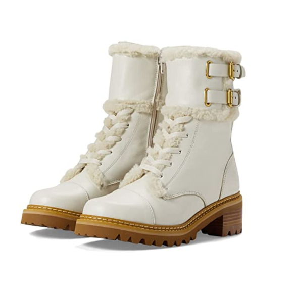 See by Chloe Women Shearling Trim Combat Boots Natural Size 39.5 EU 240347